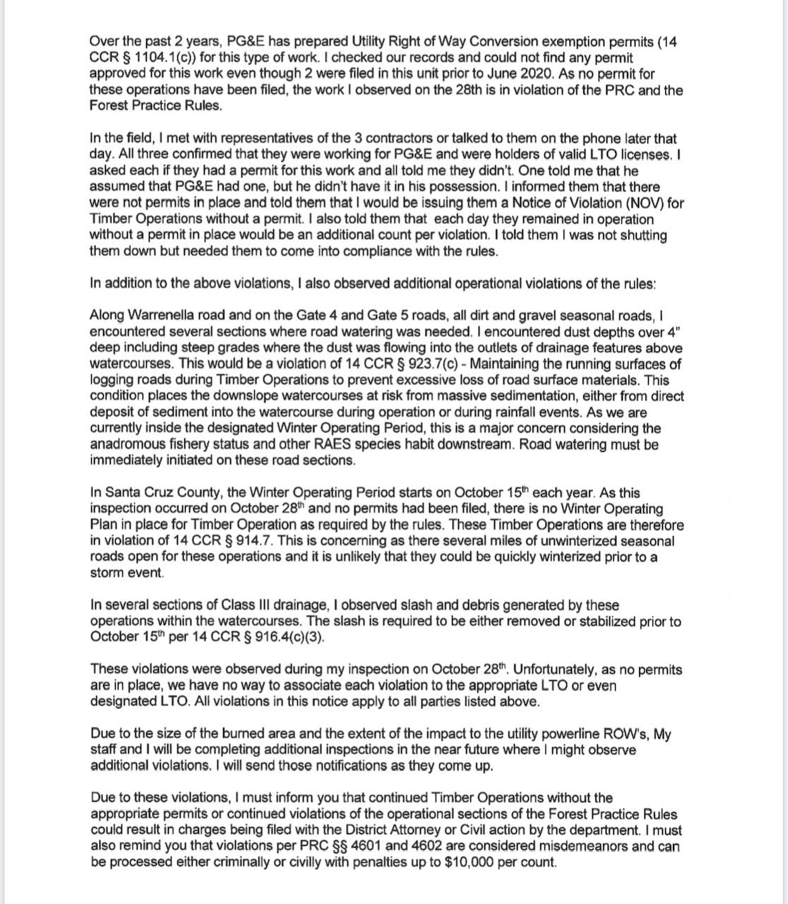 Cal Fire letter to PG&E