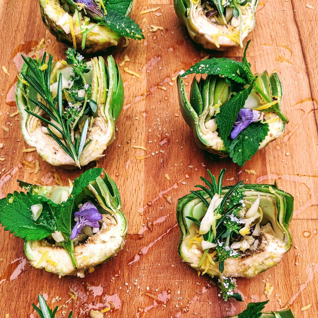 Roasted Artichokes with Sage Blossoms and Lemon Balm