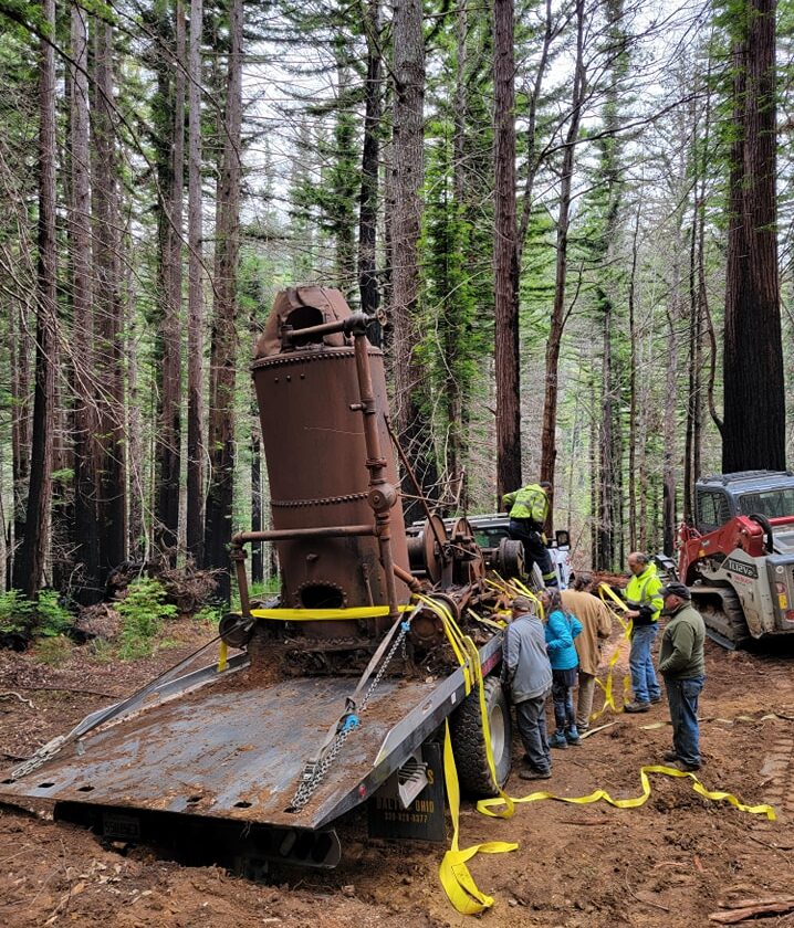 Loading the historic steam donkey logging industry artifact in the Santa Cruz Mountains