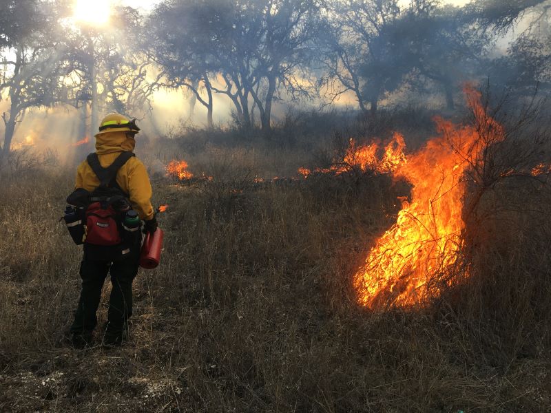 Esak Ordonez, a Mutsun Tribal member and local resident lights a prescribed burn.