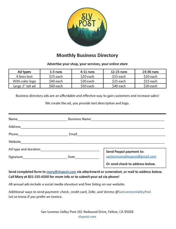 Monthly Business Directory for the San Lorenzo Valley
